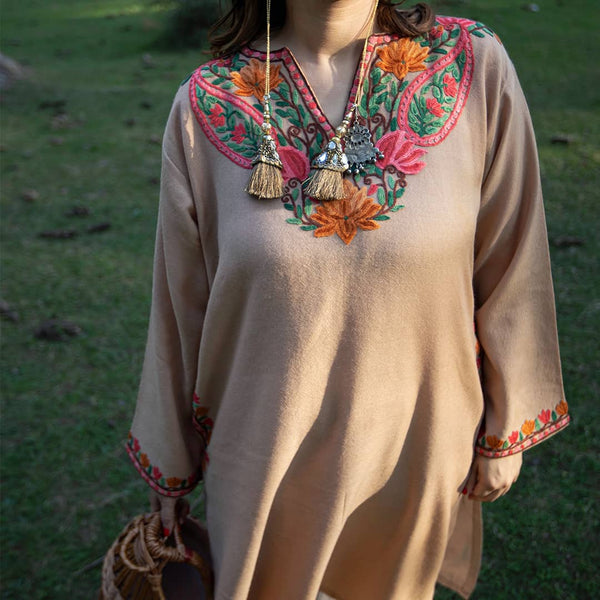 Autumn Beige Pheran | Hand Embroidered