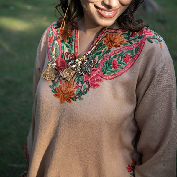 Autumn Beige Pheran | Hand Embroidered