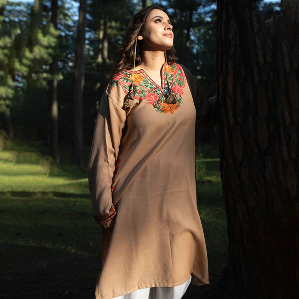 Autumn Beige Pheran | Hand Embroidered