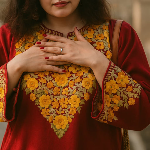 Ruby Blossom Embroidered Phiran | Best Seller