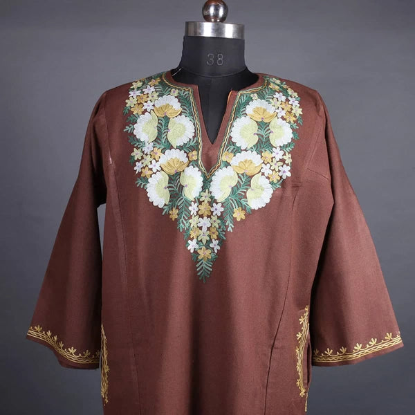 Brown Kashmiri Phiran with Floral Embroidery