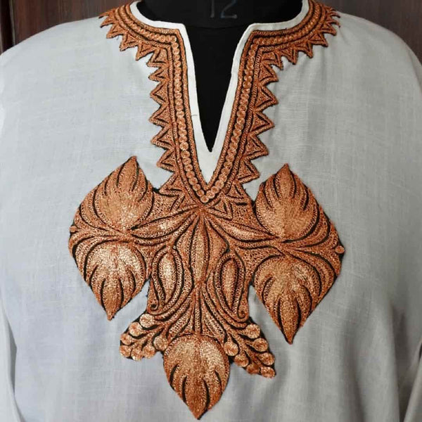 Cream White Phiran in Golden Tilla Embroidery
