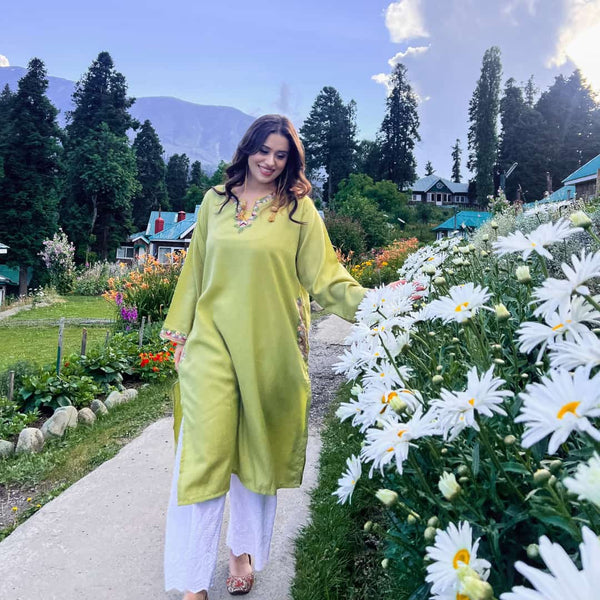 Moss Green Phiran | Hand Embroidered