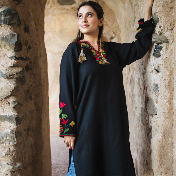 Classic Black Pheran | Hand Embroidered