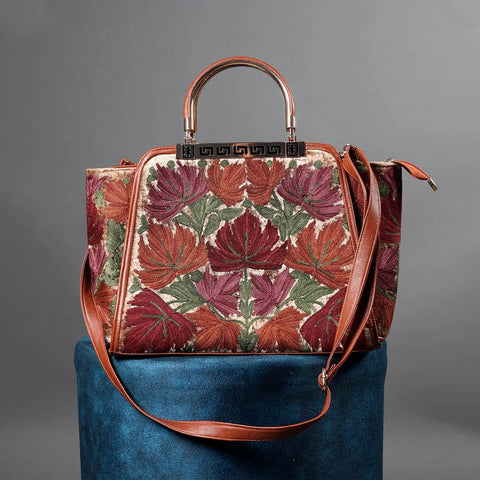 Multi Color Chinar Aari Embroidered Brown Hand Bag
