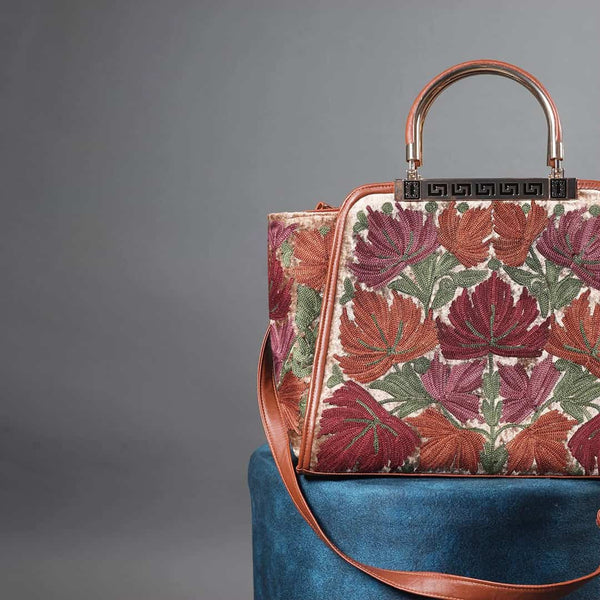 Multi Color Chinar Aari Embroidered Brown Hand Bag