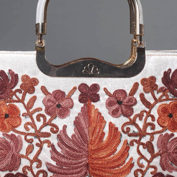 Chinar Motif Aari Embroidered White Hand Bag