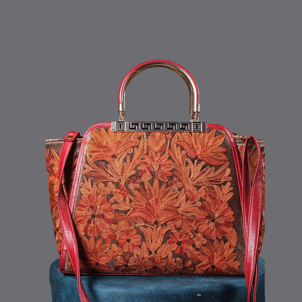 Red and Brown Poshkaar Aari Embroidered Hand Bag