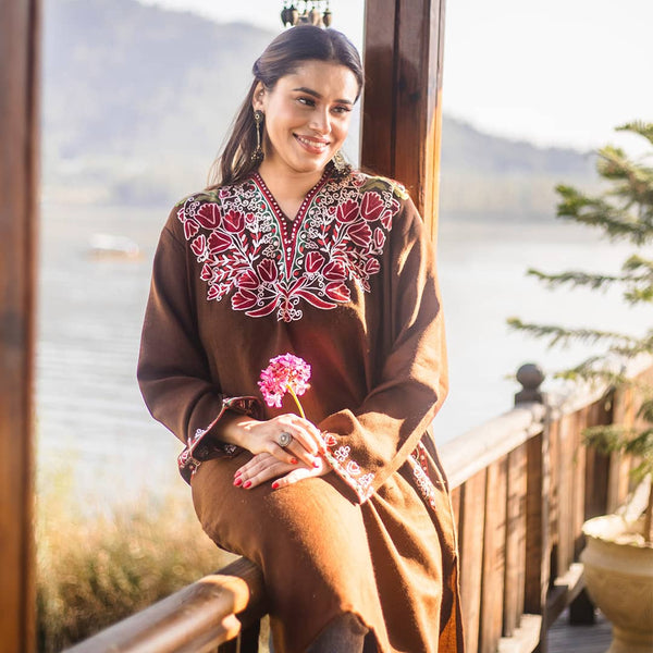 Mocha Brown Pheran | Hand Embroidered