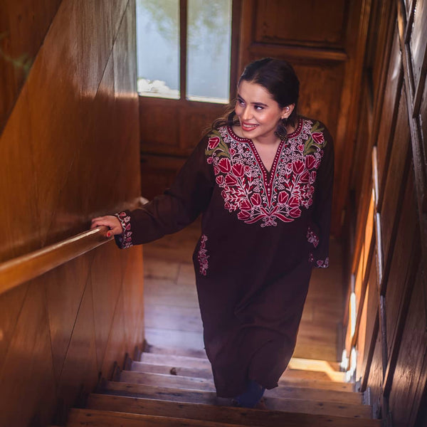 Mocha Brown Pheran | Hand Embroidered