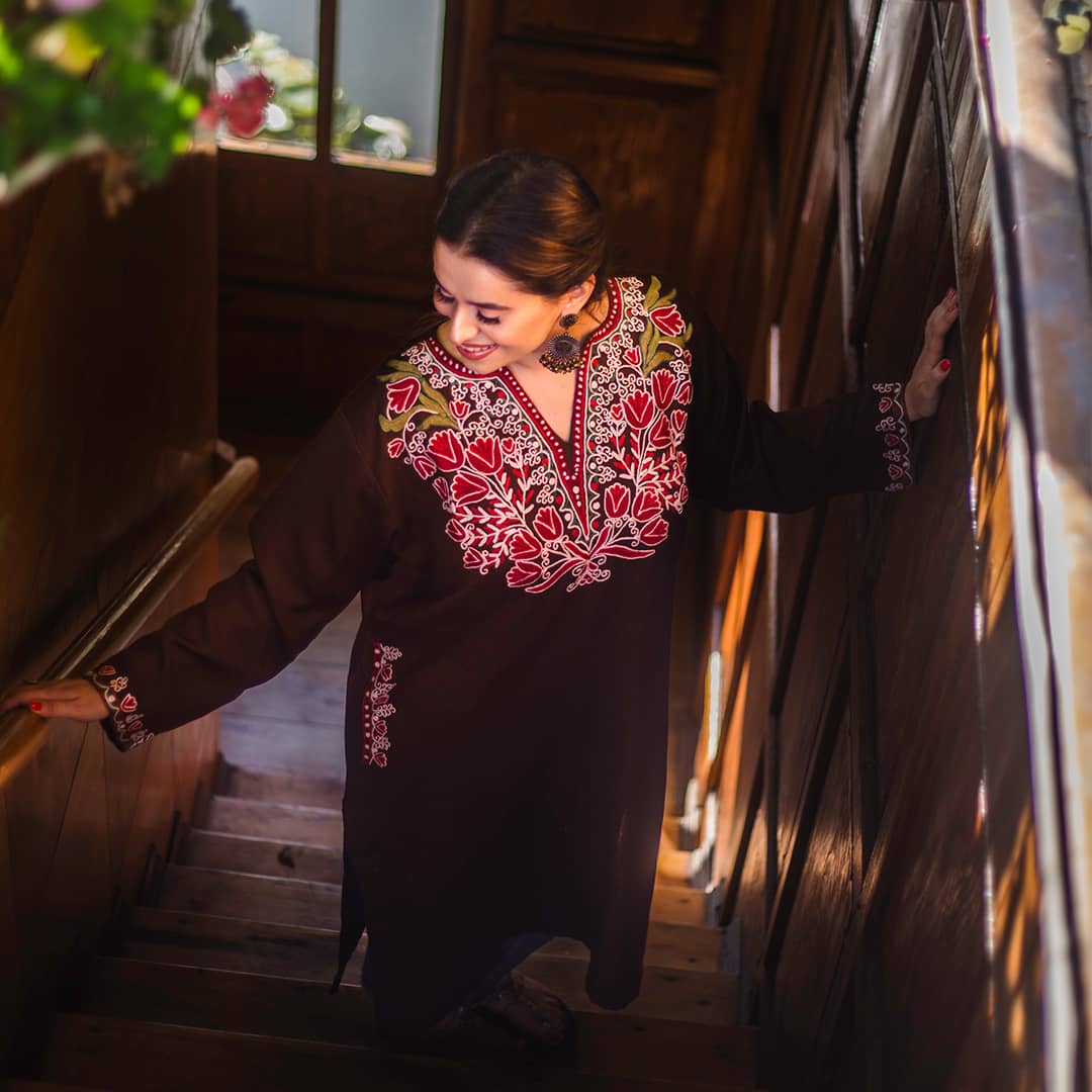 Mocha Brown Pheran | Hand Embroidered