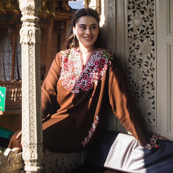 Mocha Brown Pheran | Hand Embroidered