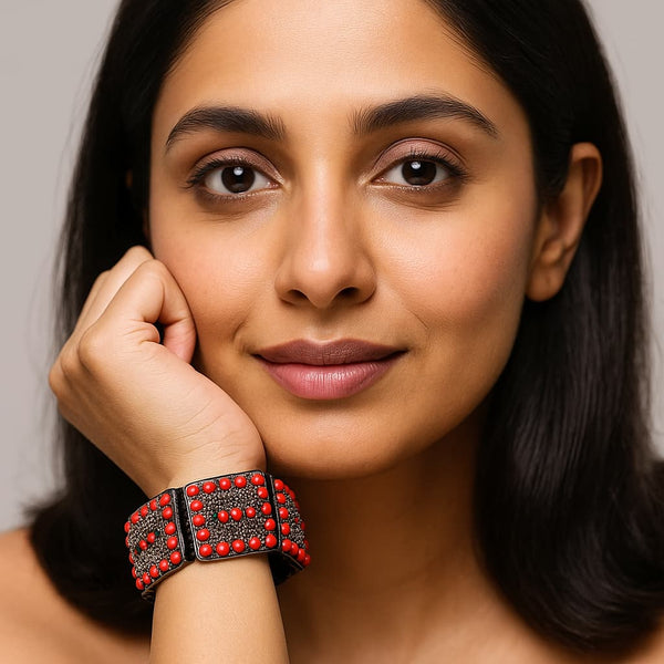 Red Rectangular Handmade Turquoise Stoned Bracelet