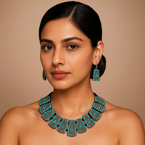 Beaded Green Stoned Turquoise  Necklace Set