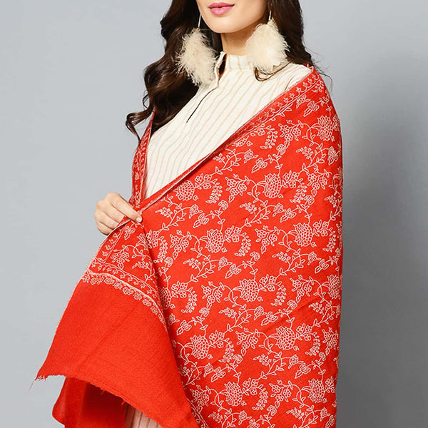 Red and White Jaldaar Hand Embroidered Cashmere Pashmina Stole