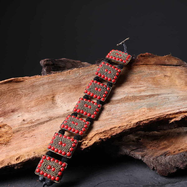 Red Rectangular Handmade Turquoise Stoned Bracelet