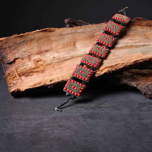 Red Rectangular Handmade Turquoise Stoned Bracelet