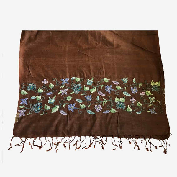 Tussar Silk Brown Colored Paldaar Kashmiri Embroidered Stole