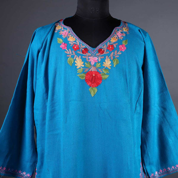 Azure Blue Aari Embroidery Woolen Phiran