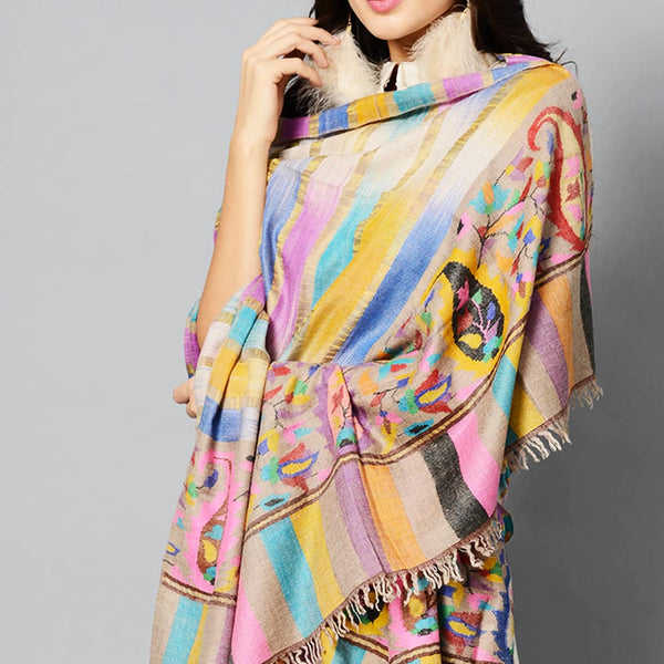 Multicolored Zari-Kani Bordered Cashmere Ladies Pashmina Shawl