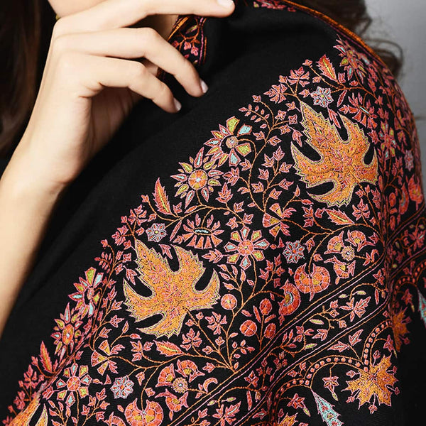Black Golden-Chinar Ladies Hand Embroidered Cashmere Pashmina Shawl
