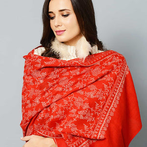 Red and White Jaldaar Hand Embroidered Cashmere Pashmina Stole
