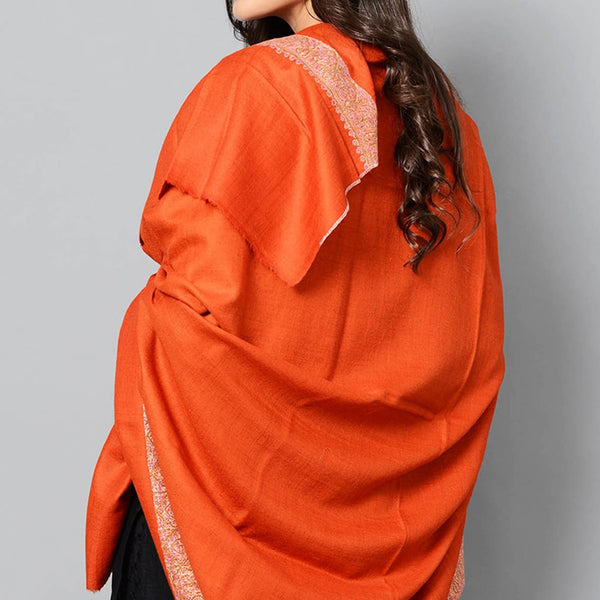 Orange Sozni Dordar Hand-Embroidered Cashmere Pashmina Shawl