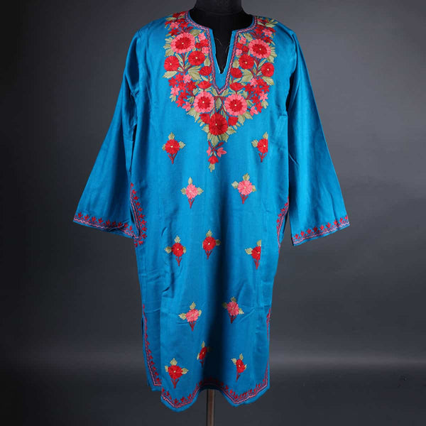 Azure Blue Floral Design Aari Embroidery Woolen Phiran