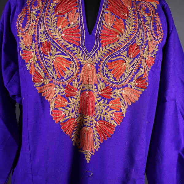 Violet Blue Aari Embroidery Woolen Phiran