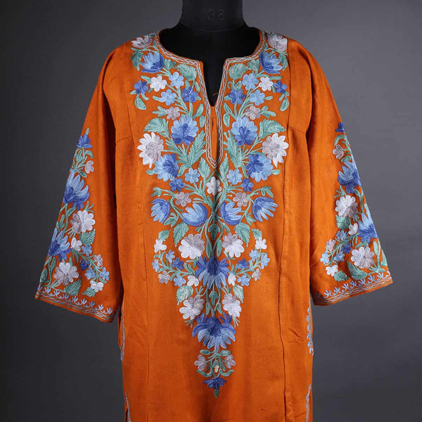 Cinnamon Base Floral Design Aari Embroidery Woolen Phiran