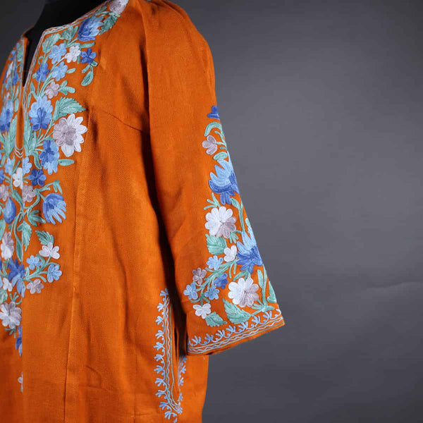 Cinnamon Base Floral Design Aari Embroidery Woolen Phiran