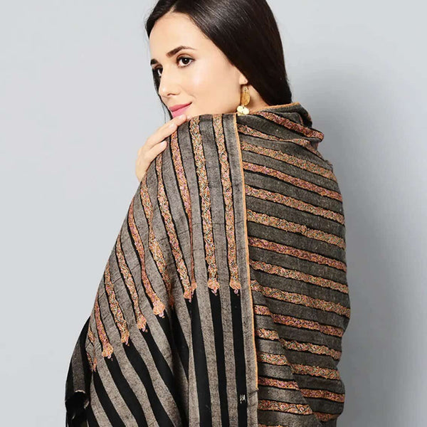 Black Striped Hand-Embroidered Cashmere Pashmina Shawl