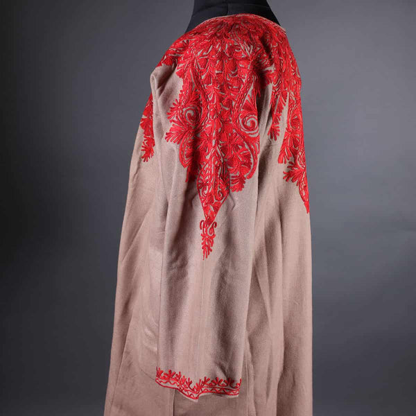 Pinkish Grey Base With Red Floral Design Aari Embroidery Woolen Phiran