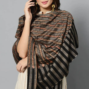 Black Striped Hand-Embroidered Cashmere Pashmina Shawl