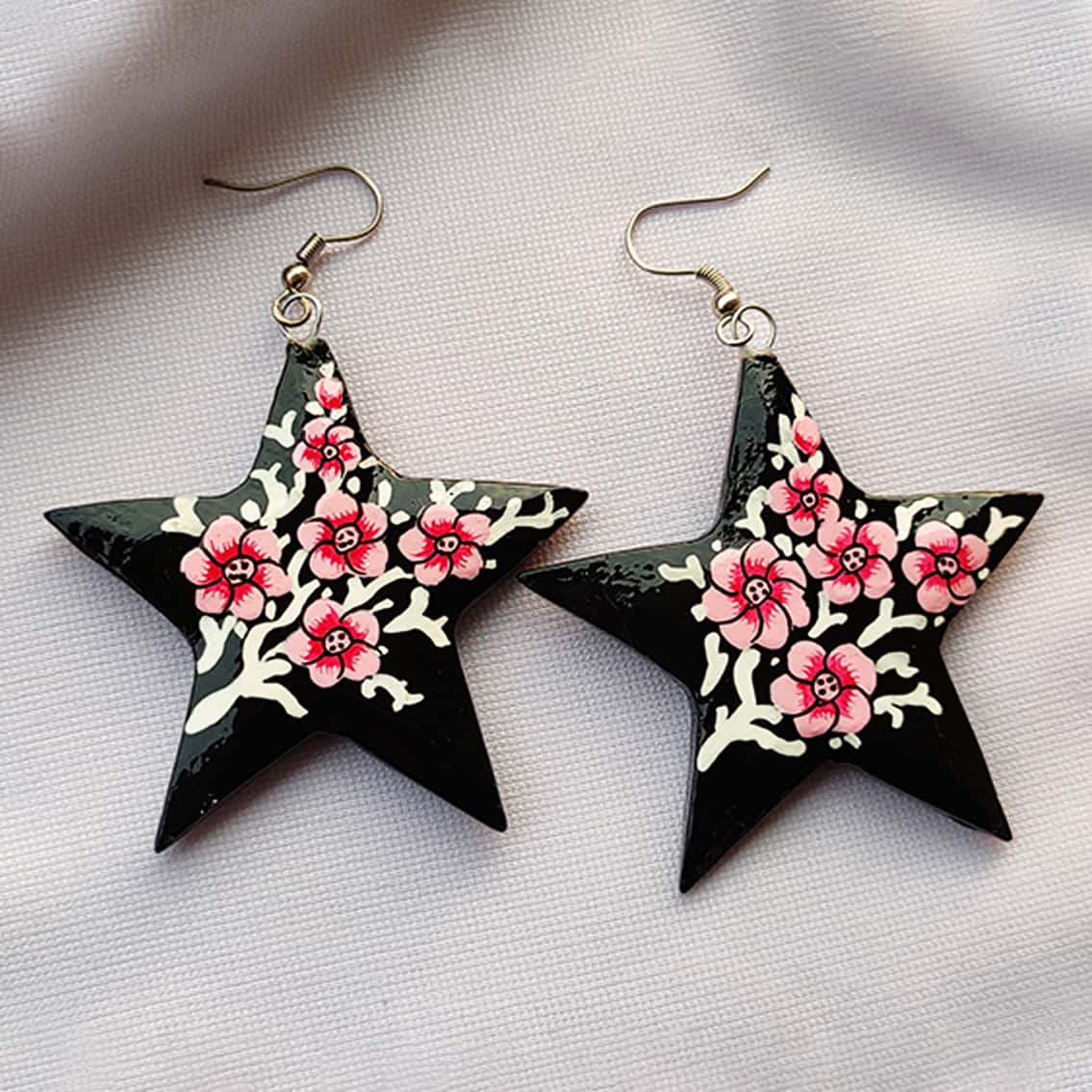Black & Pink Star Floral Paper Mache Earrings