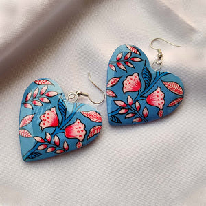 Blue Floral Hand Painted Heart Paper Mache Earrings