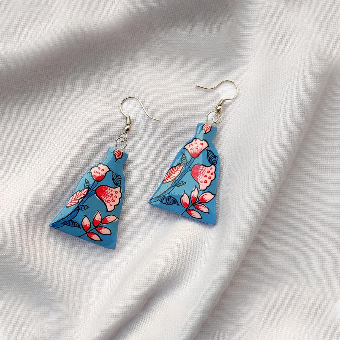 Blue Hand Painted Floral Paper Mache Earrings