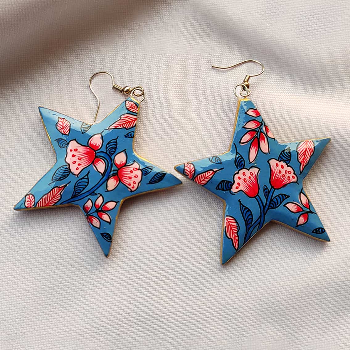 Blue Star Hand Painted Paper Mache Earrings
