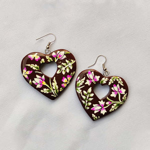 Brown Floral Heart Paper Mache Earrings