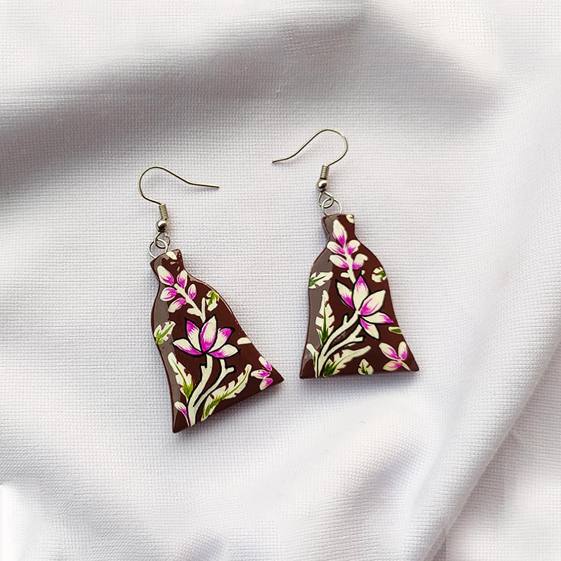 Brown Hand Painted Floral Paper Mache Earrings