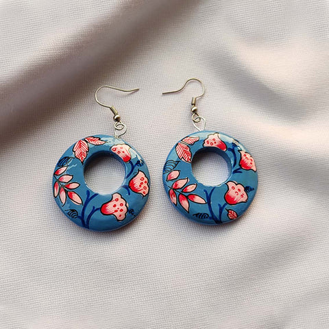 Circle Paper Mache Blue Earrings Hand Painted