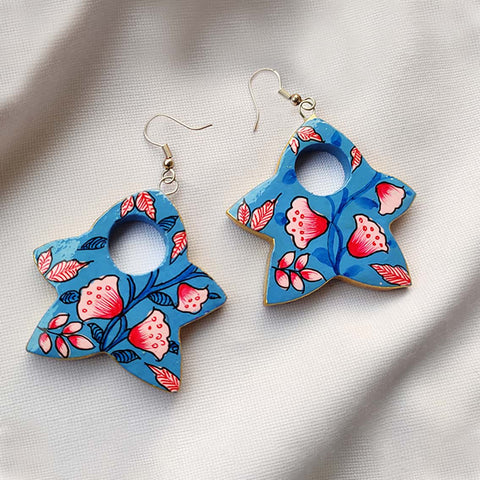 Cute Star Floral Hand Painted Blue Earring