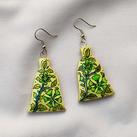 Green Hand Painted Floral Paper Mache Earrings
