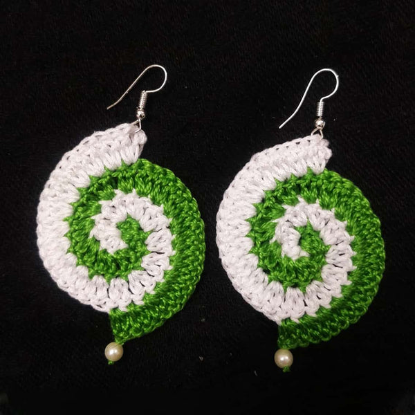 Green and White Spiral Crochet Earrings