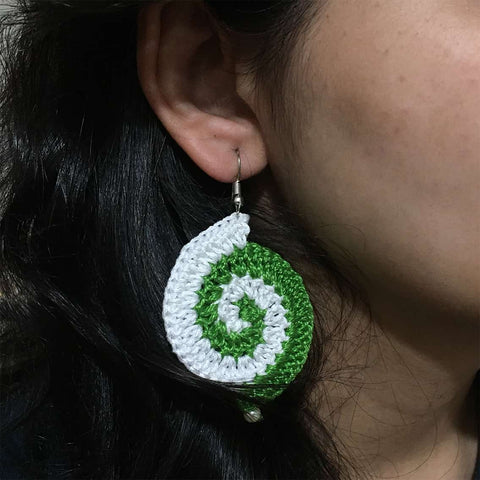 Green and White Spiral Crochet Earrings
