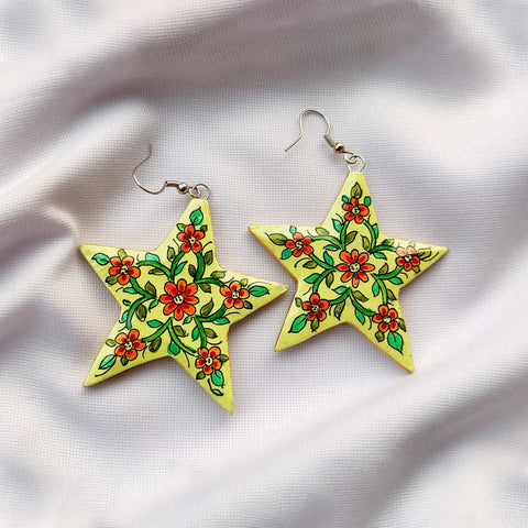 Hand Painted Star Floral Green Earrings