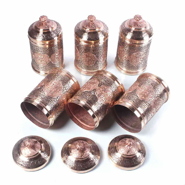 Hand-Engraved  Copper Masala Box (Set of 6 pcs)