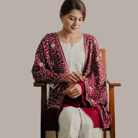 Maroon Sozni Pashmina | Hand Embroidered