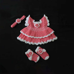 Pink and White Hand Crocheted Baby Frock Set