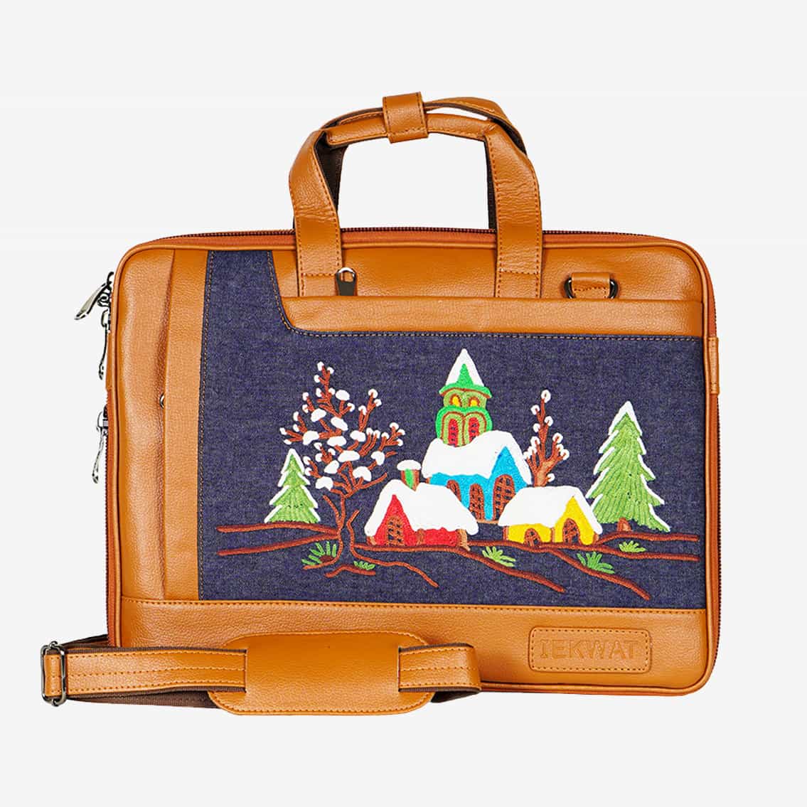 Snow Embroidered Tan Base Designer Laptop Bag